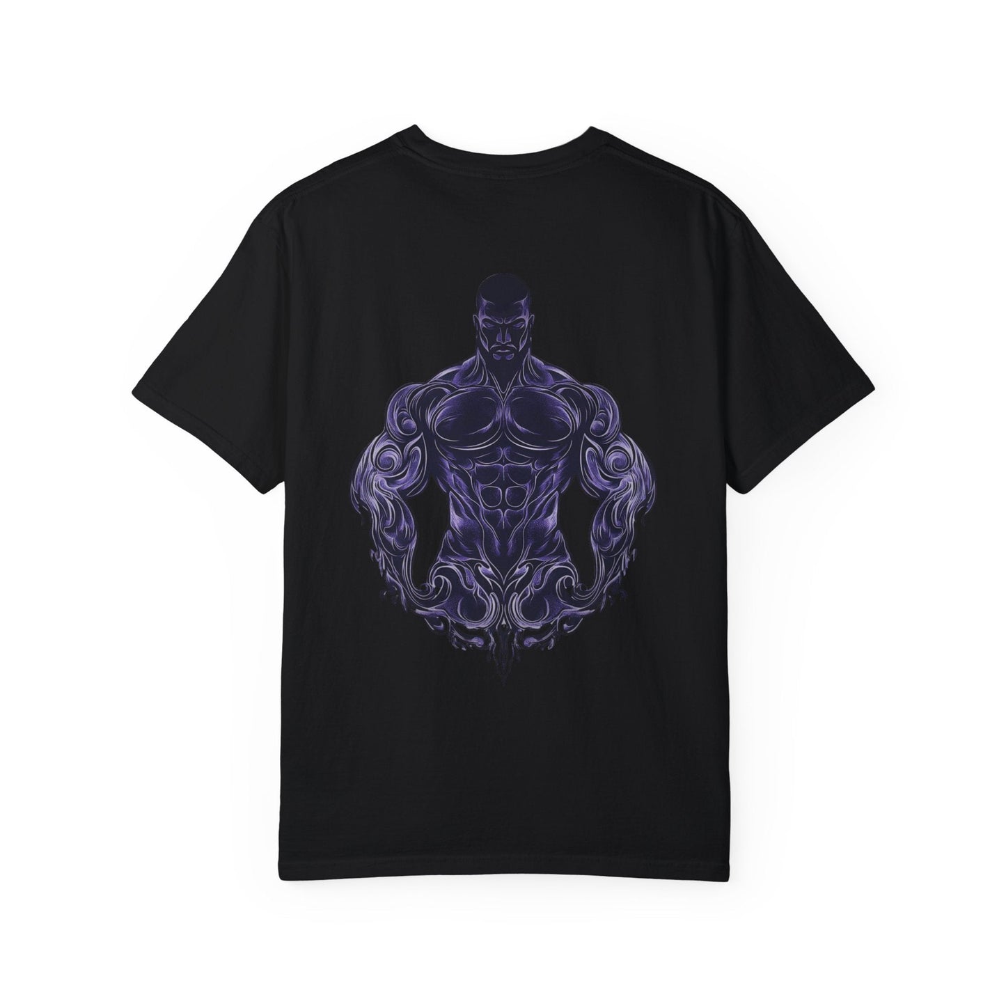 Back view mockup of the black Masculine Art fitness t-shirt. Features a large, detailed purple graphic print of a stylized muscular male torso with intricate swirl patterns