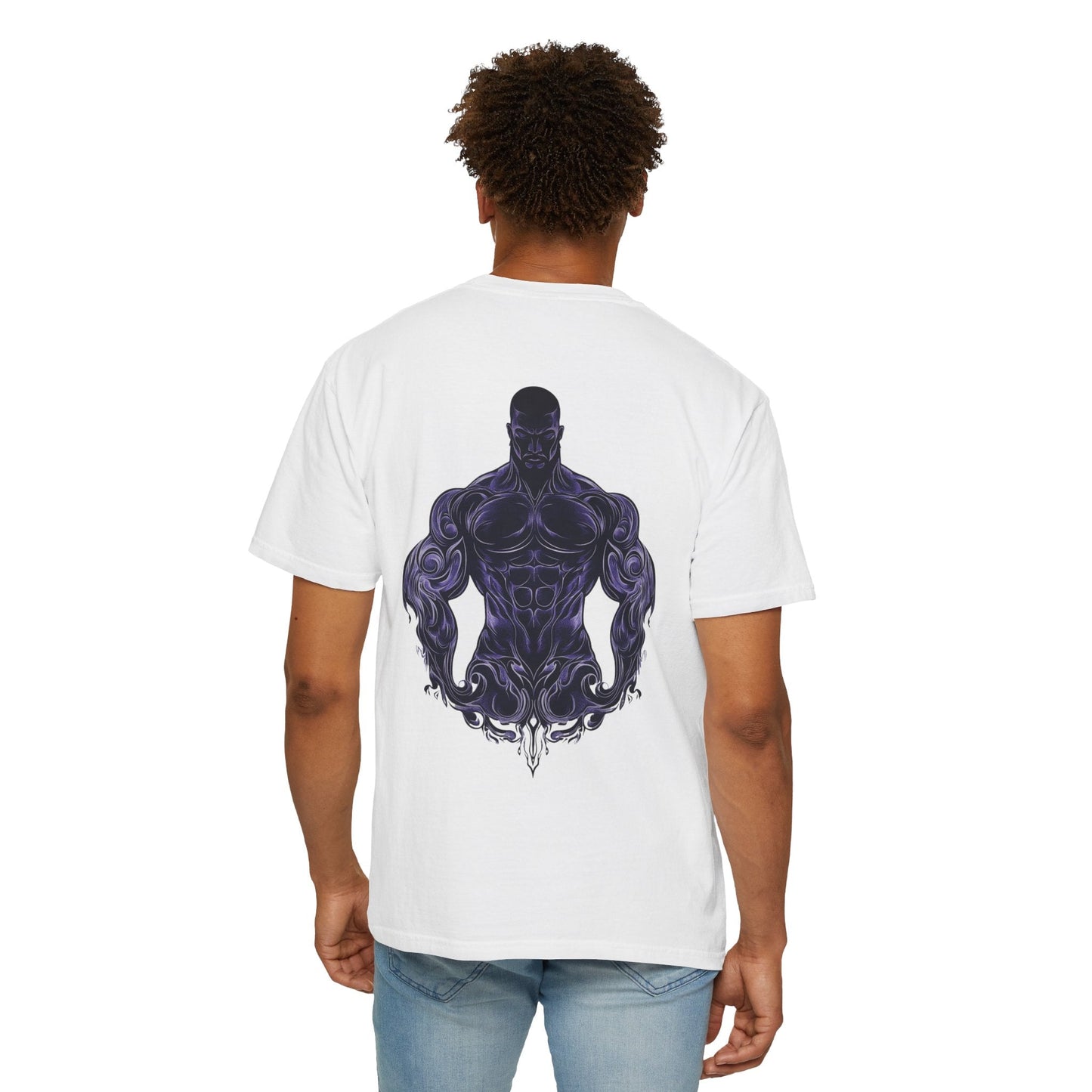 Male model showcasing the back of the white Masculine Art gym t-shirt. Displays the fit and the large purple stylized muscular figure design during wear