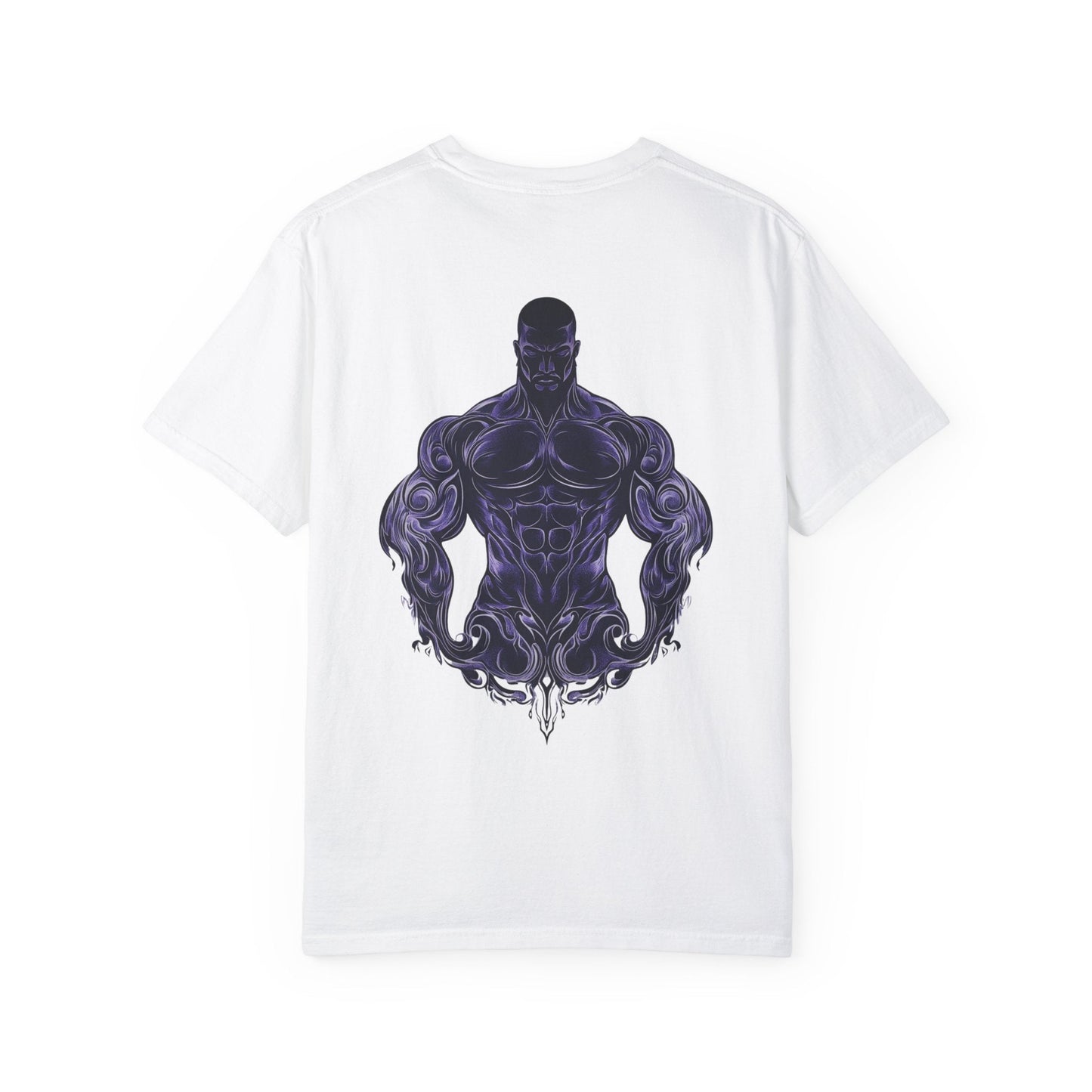 Back view mockup of the white Masculine Art fitness t-shirt. Features a large, detailed purple graphic print of a stylized muscular male torso with intricate swirl patterns