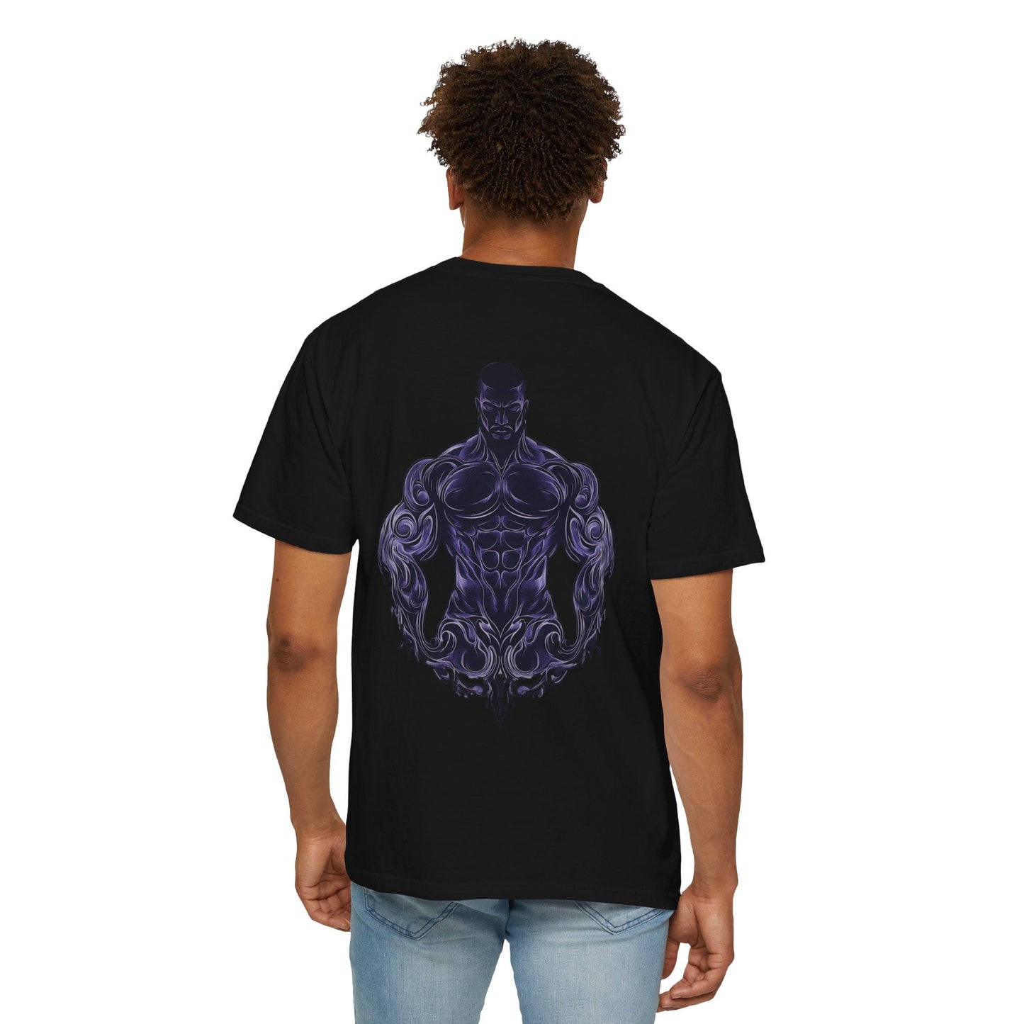Male model showcasing the back of the black Masculine Art gym t-shirt. Displays the fit and the large purple stylized muscular figure design during wear