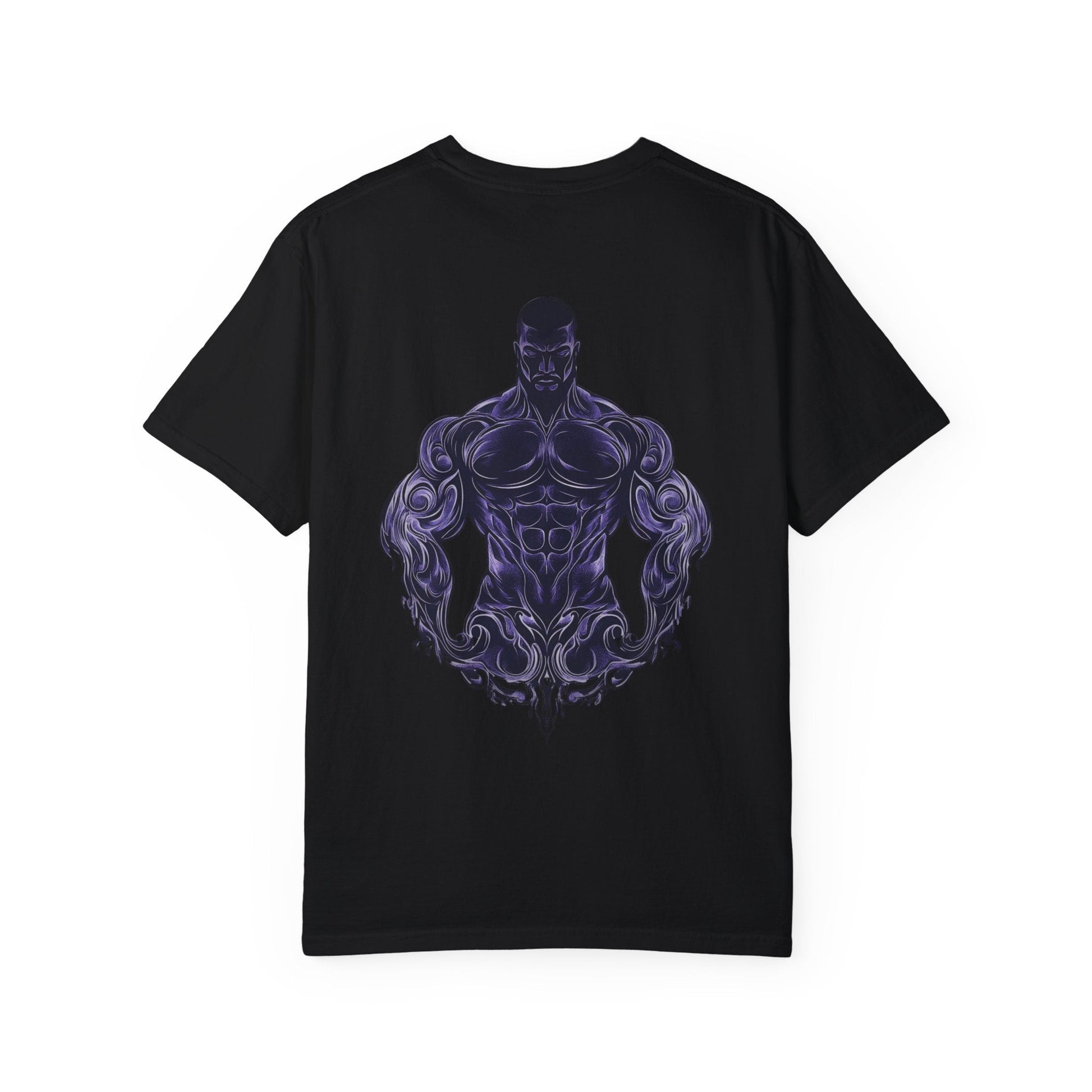Back view mockup of the black Masculine Art fitness t-shirt. Features a large, detailed purple graphic print of a stylized muscular male torso with intricate swirl patterns