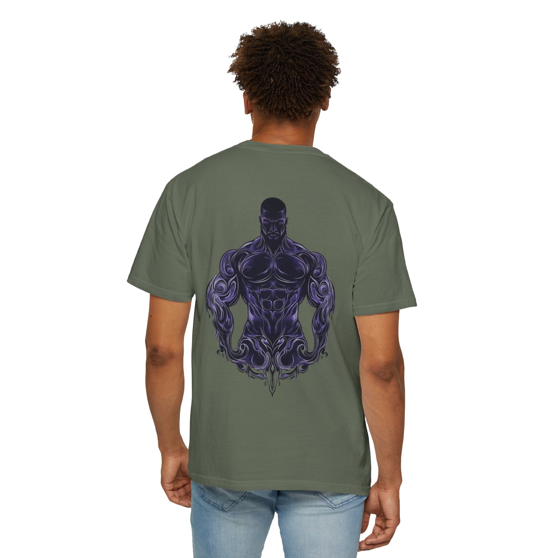 Male model showcasing the back of the military green Masculine Art gym t-shirt. Displays the fit and the large purple stylized muscular figure design during wear